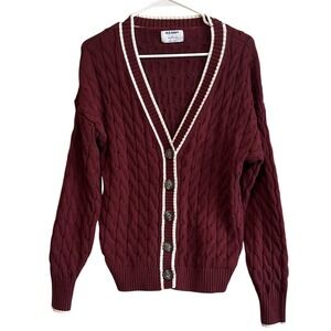 Old Navy Varsity Cable Cardigan Women XS Clove Burgundy Button Front Sweater